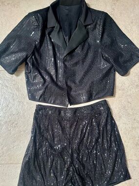 Black Sequin Two-Piece Crop Jacket and short Set